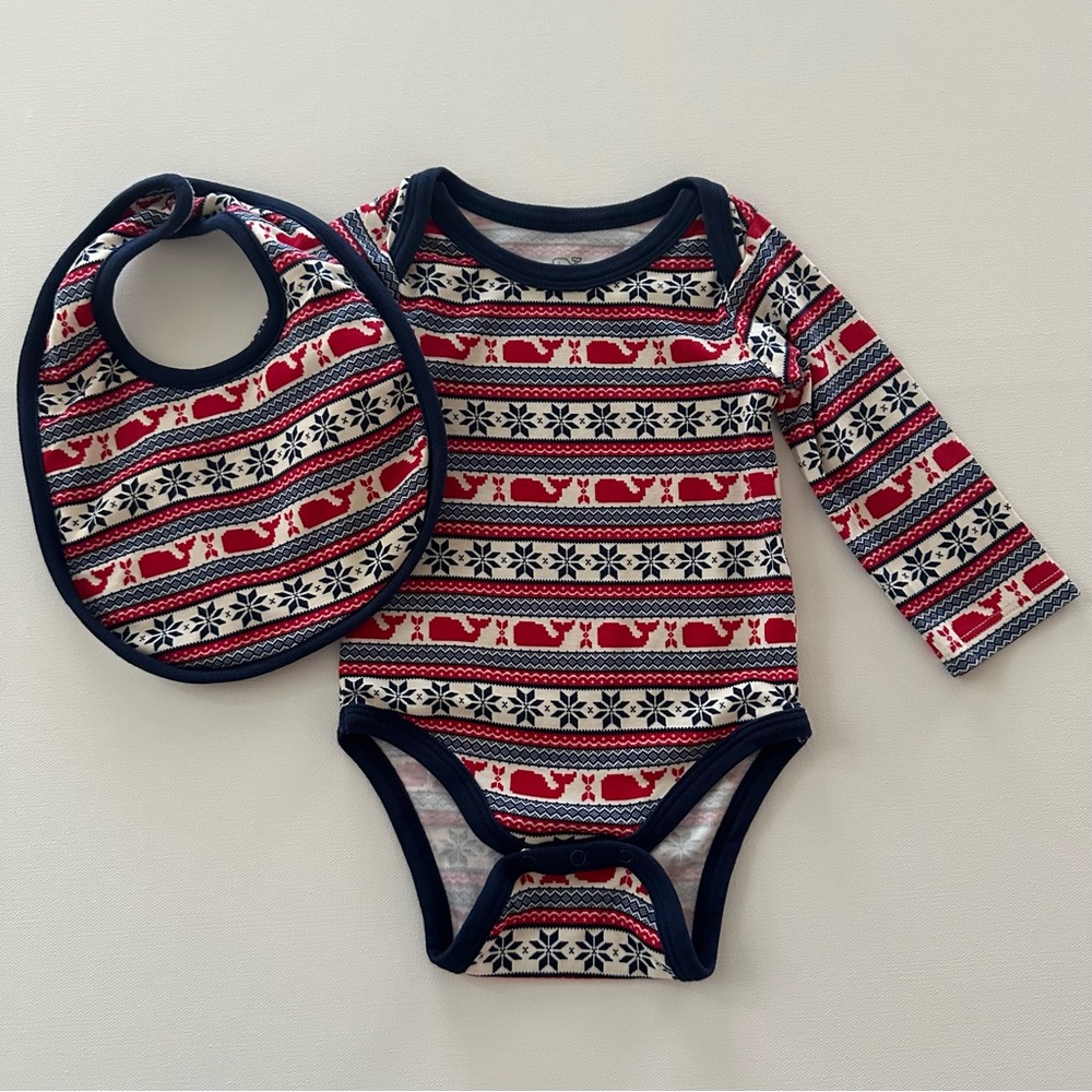 Vineyard Vines Baby 6-12 Months Holiday Christmas Whale Fair Isle Bodysuit Bib